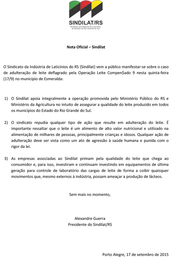 Nota Oficial sobre Operação Leite Compen$ado