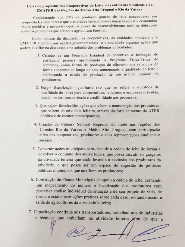 Carta pede apoio à produção de lácteos