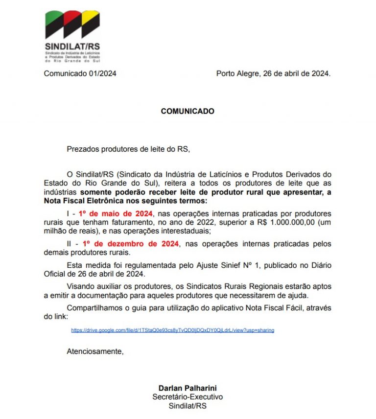 COMUNICADO AOS PRODUTORES DE LEITE DO RS REFERENTE A NOTA FISCAL ELETRÔNICA